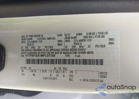 2021 Ford F-150 Platinum из США, поврежденный, VIN 1FTFW1E81MFC87350